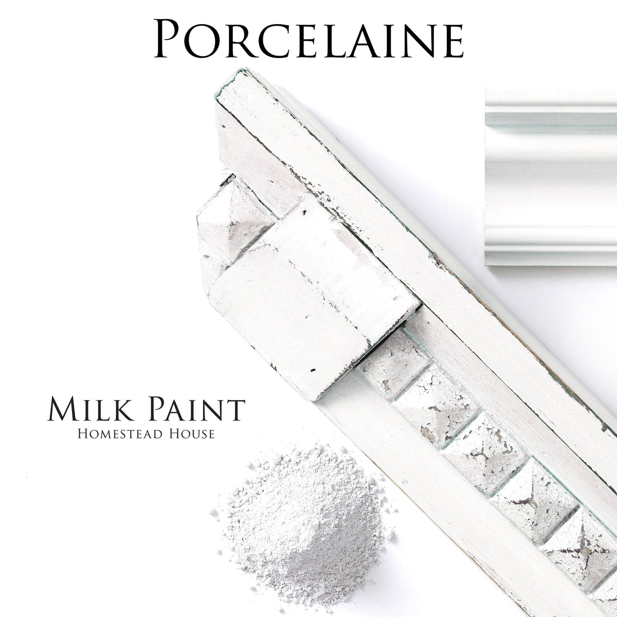 White trim, powder pile, and reflective surface labeled Porcelain Milk Paint by Homestead House.