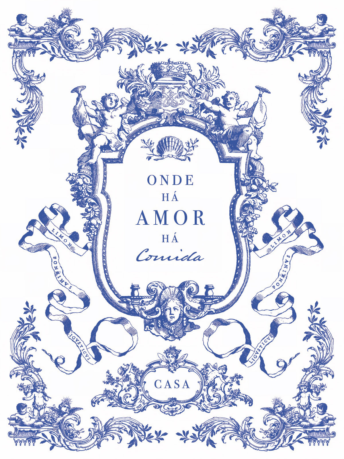 Portofino Paint Inlay by I.O.D., blue and white cherub tile with florals, Portuguese text: Onde há amor há comida.