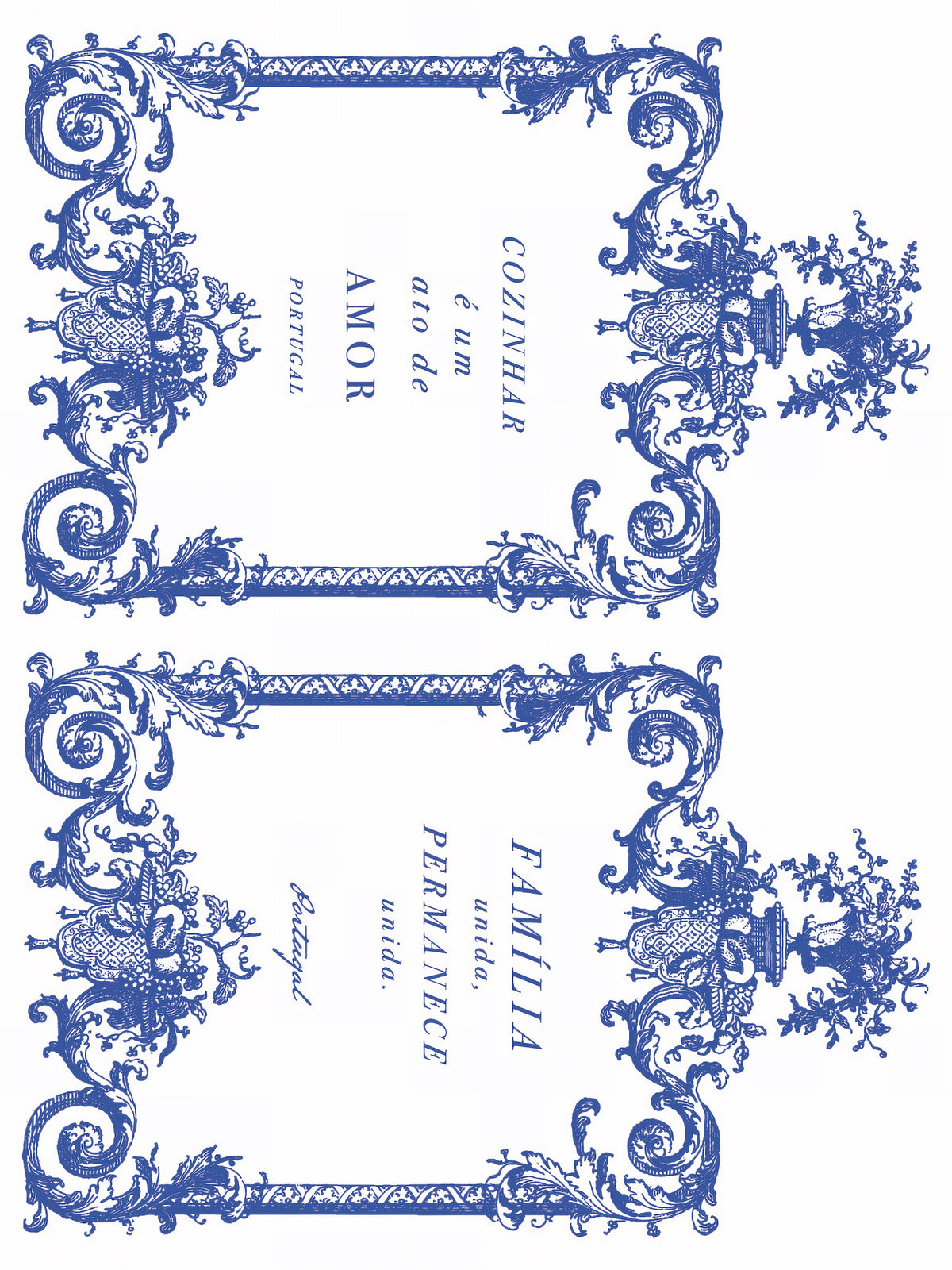 Portofino Paint Inlay by IOD featuring European blue tile-style frames with Portuguese text, Iron Orchid Designs.