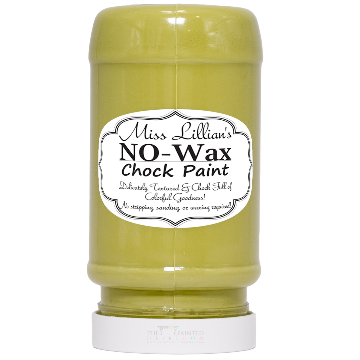 Miss Lillian’s Posh by Gosh No-Wax Chock Paint jar in yellow-green for furniture restoration.