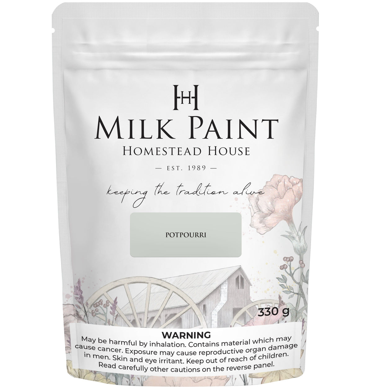 Homestead House PotPourri Milk Paint, 330g bag, with floral graphics and bonding agent details on packaging.