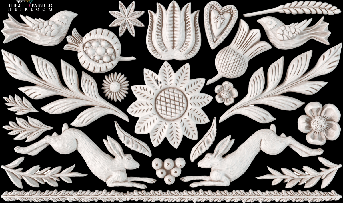 Primitive Mould by I.O.D. featuring folk art birds, rabbits, and floral motifs.