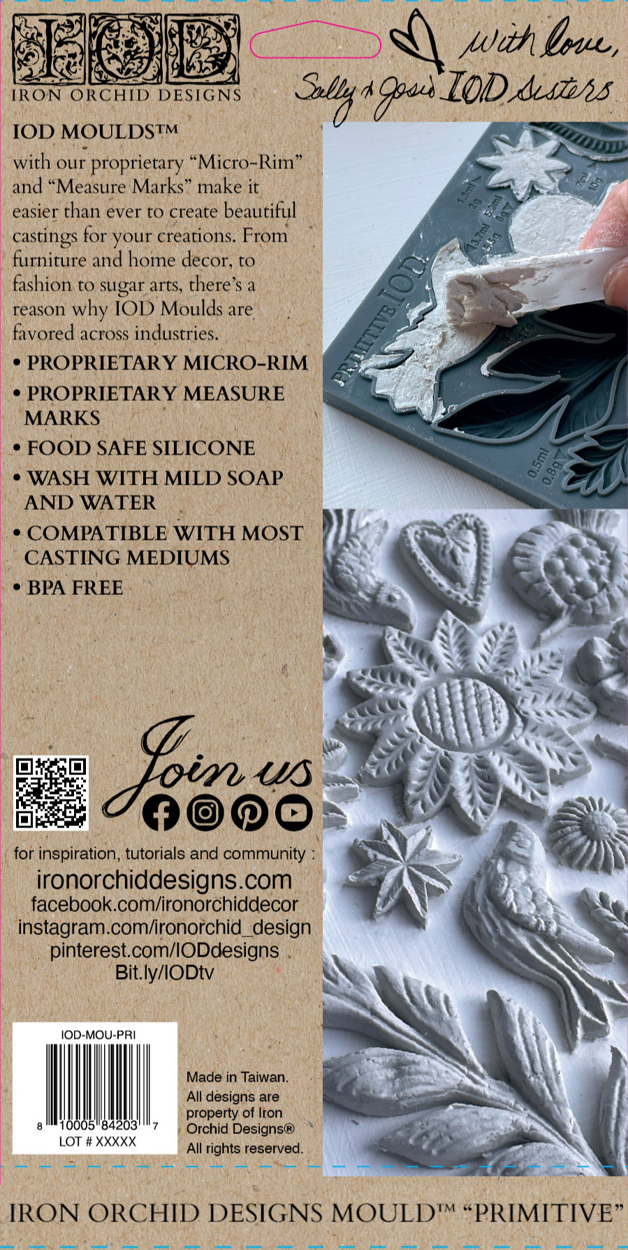IOD Primitive Mould with leaf and heart shapes, usage tips, and Iron Orchid Designs branding visible on packaging.