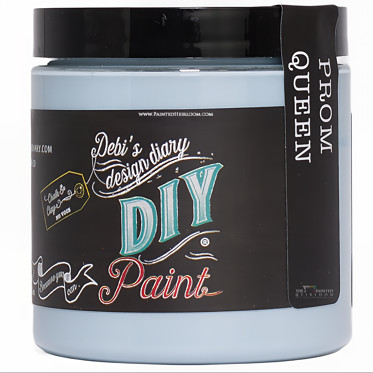 Jar of DIY Paint Co. Prom Queen paint, clay and chalk based, with black and teal label.