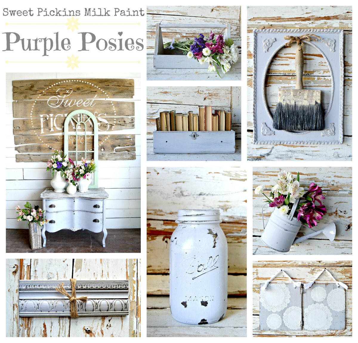 Lavender decor collage painted with Old Fashioned Milk Paint’s Purple Posies, includes flowers, books, mason jar.