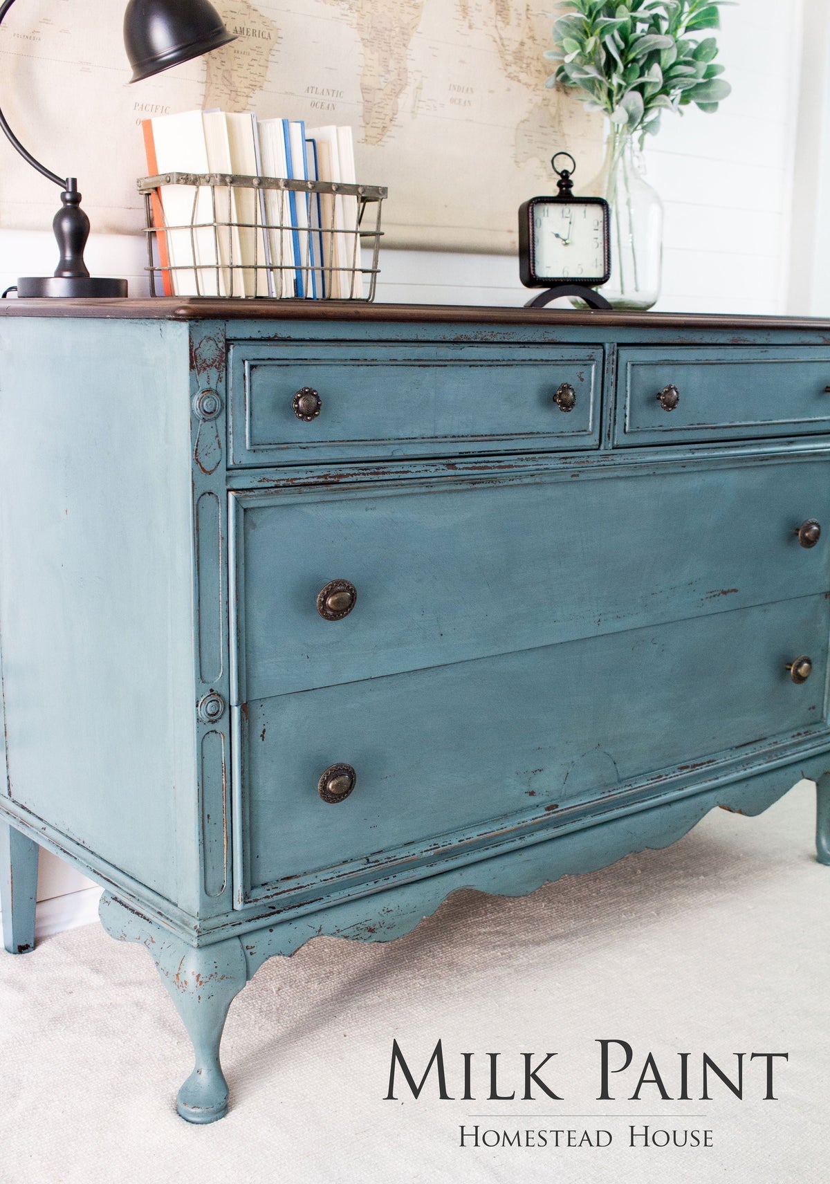 Vintage dresser painted Homestead House Quaker Blue Milk Paint with three drawers and metal knobs.