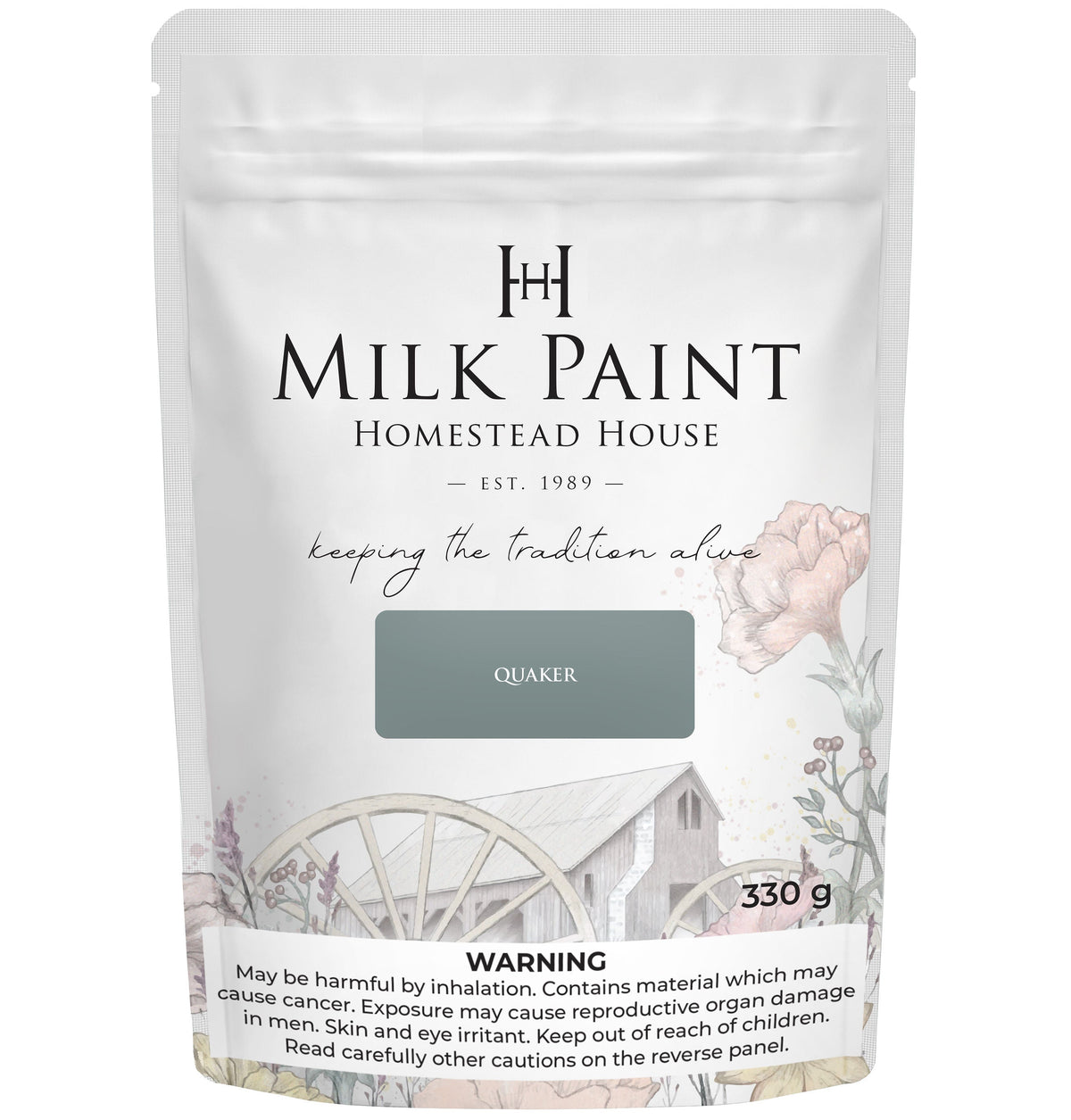 330g Quaker Blue Milk Paint pouch by Homestead House, floral and wagon graphics on packaging.