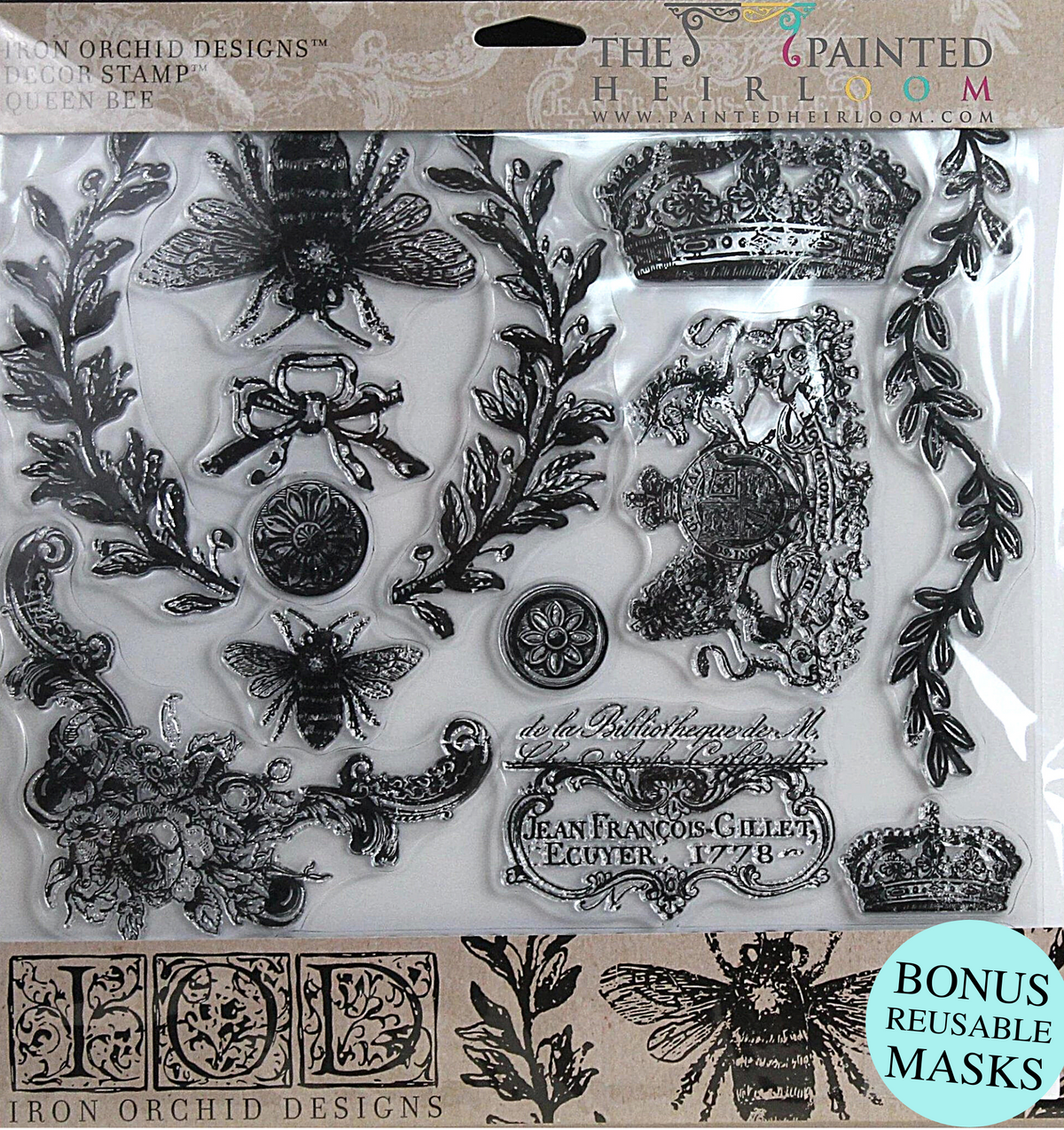 Queen Bee Stamp by I.O.D., silicone stamps with crowns, bees, florals, and ornate text designs.