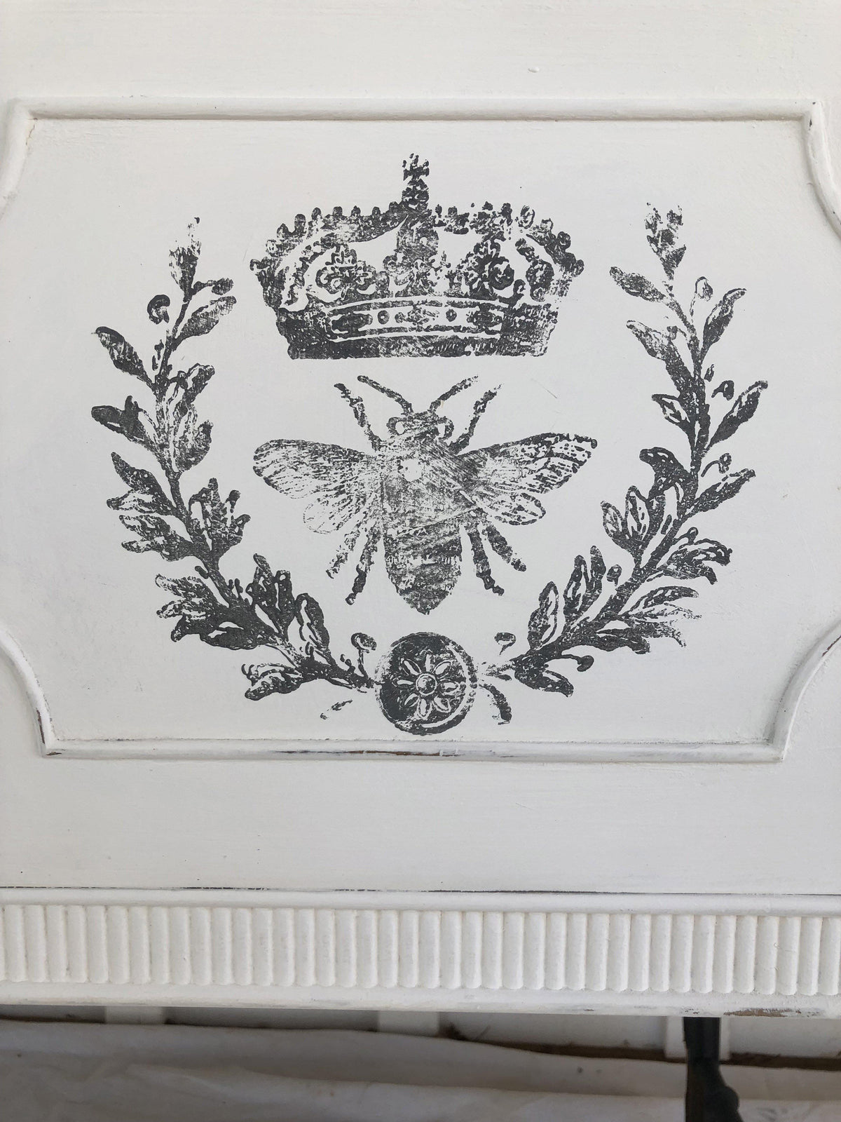Black bee with laurel and crown design, inspired by Queen Bee Stamp by IOD from Iron Orchid Designs.