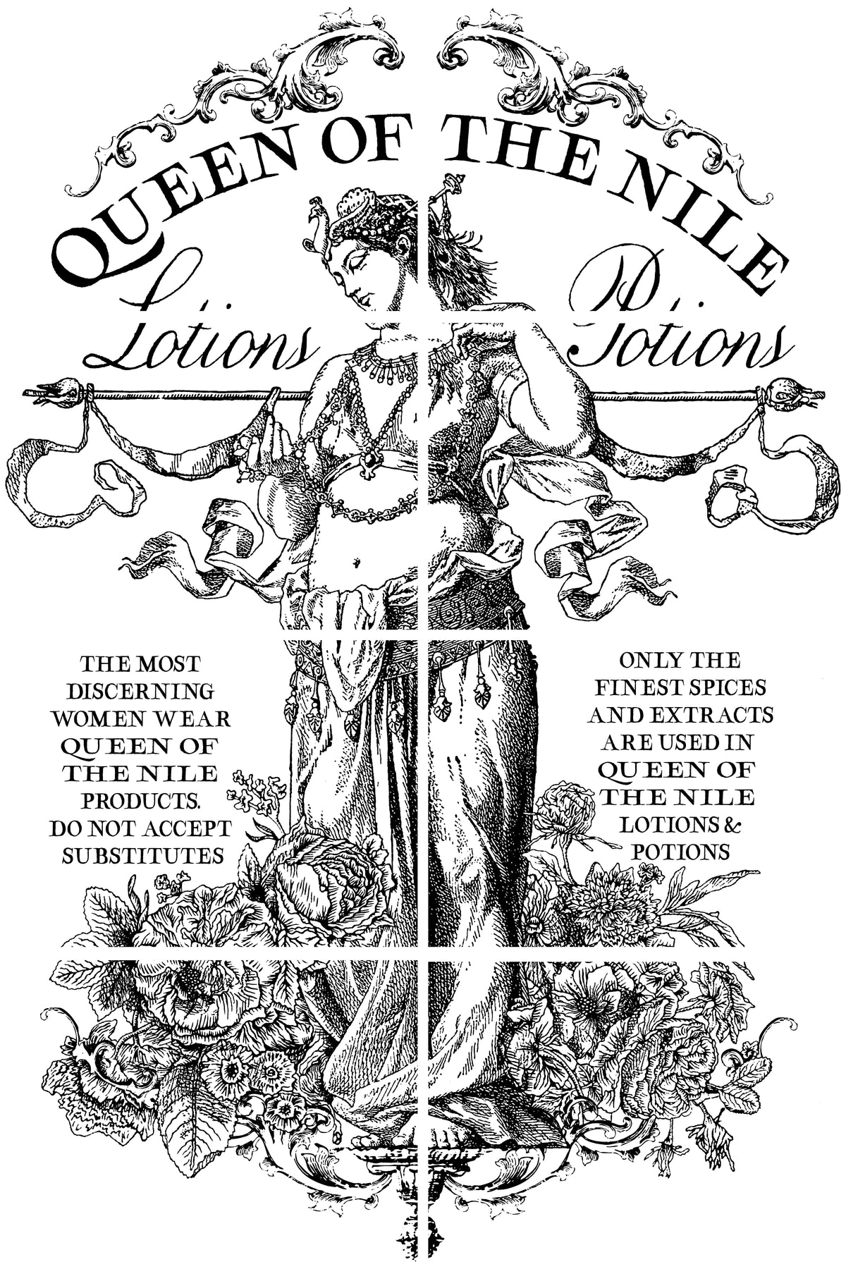 Queen of the Nile Paint Inlay“ by I.O.D. in a floral, ancient-inspired illustration.