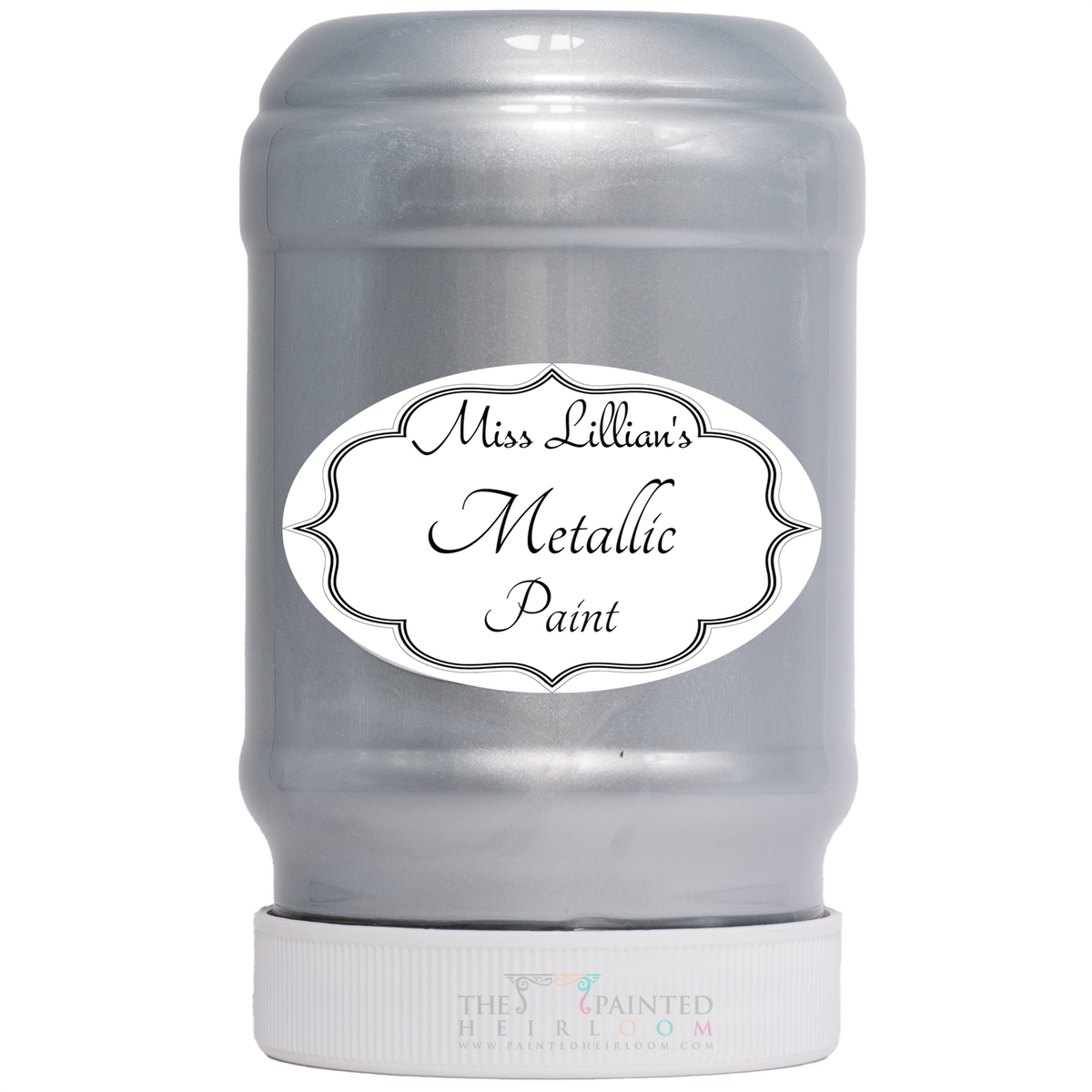 Miss Lillian’s Paint Quick Silver Metallic Paint in a tall plastic jar with shiny silver acrylic paint inside.