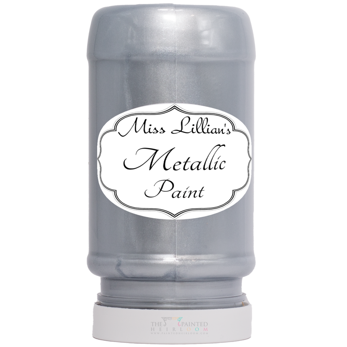 Miss Lillian’s Quick Silver Metallic Paint in a gray plastic container with a bold branded label.