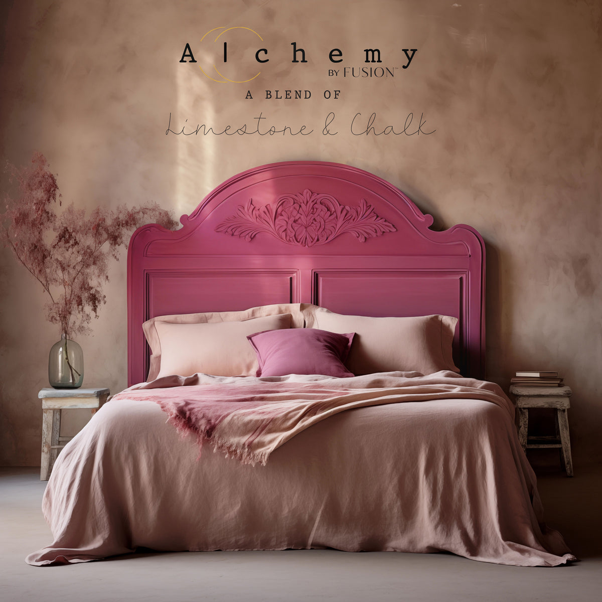 Bed with pink bedding, magenta Raspberry Alchemy headboard by Fusion Mineral Paint, and two stools.