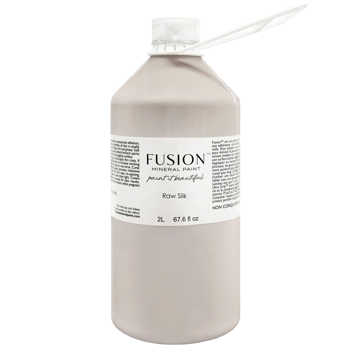 Fusion Mineral Paint Raw Silk, 2L bottle, warm white acrylic paint with sealed cap and labeled container.