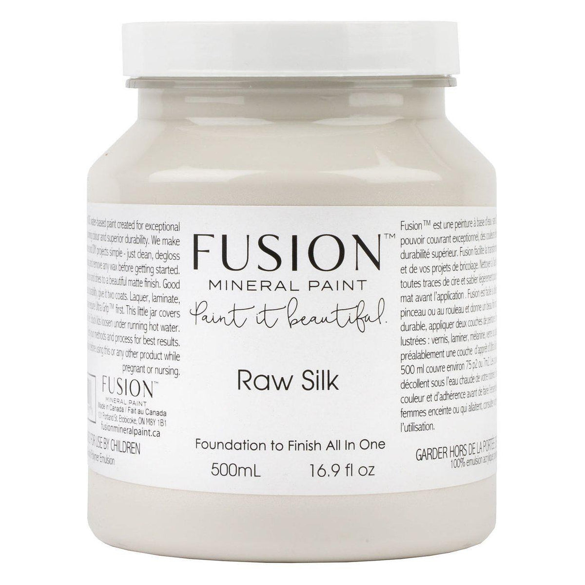 Fusion Mineral Paint Raw Silk, 500mL jar, warm white acrylic with “Foundation to Finish” on the label.