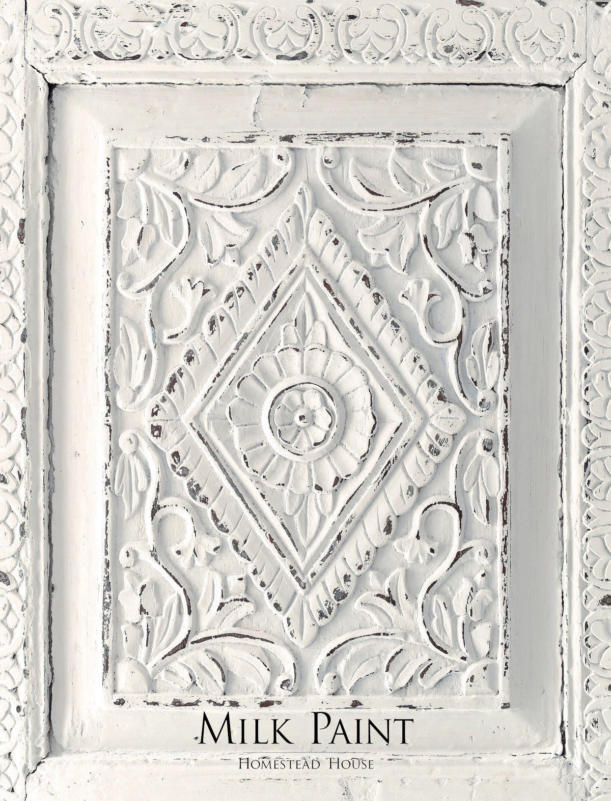 White ornate carved wood panel with floral motifs; Raw Silk Milk Paint by Homestead House text at bottom.