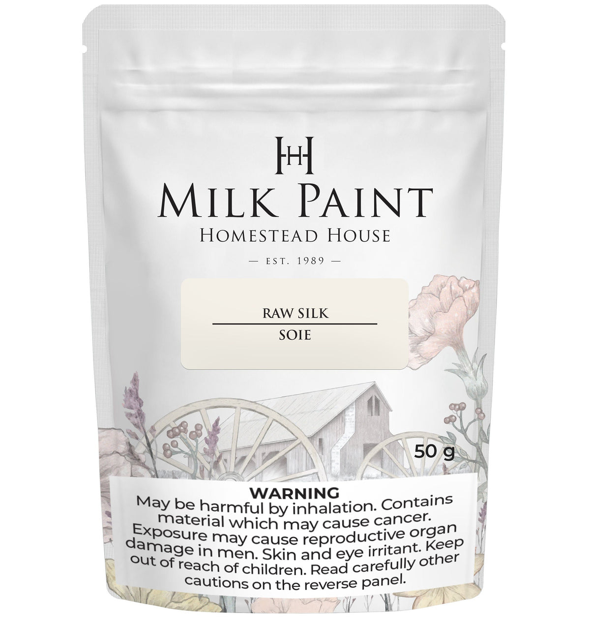50g Raw Silk Milk Paint by Homestead House, health warning label visible on the bottom of the container.