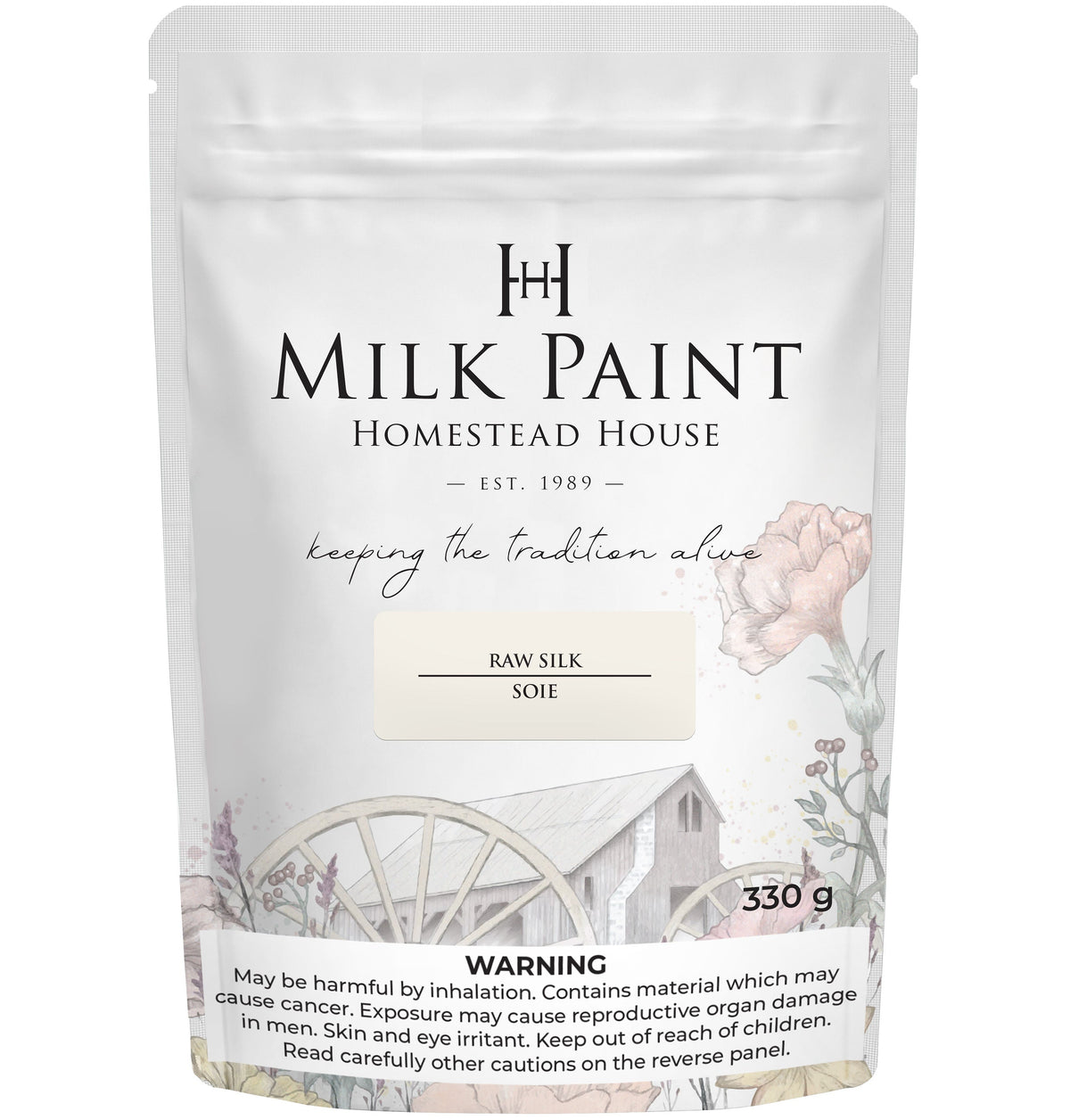 330g Raw Silk Milk Paint by Homestead House with rural art and safety warning displayed at the bottom of the bag.