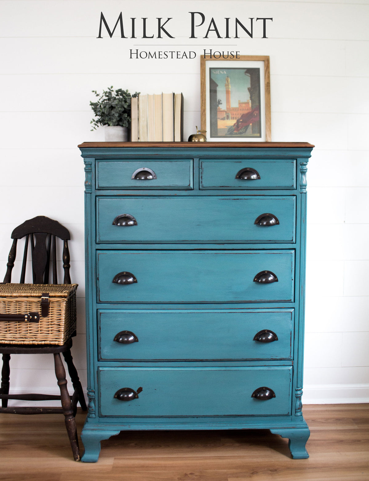Teal dresser in Homestead House Renfrew Blue Milk Paint with black handles.