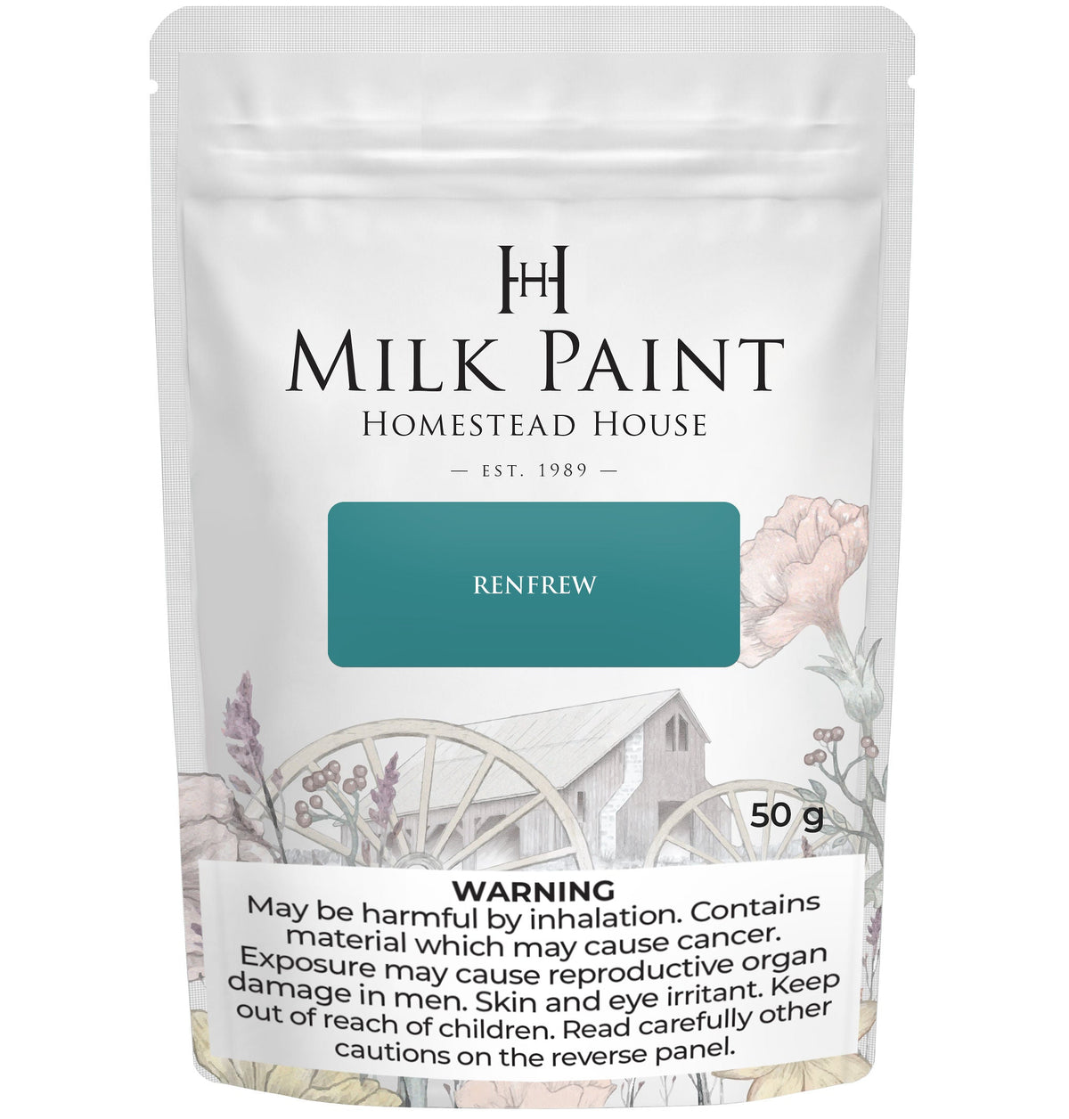50g pouch of Renfrew Blue Milk Paint by Homestead House with health risk warning label below.