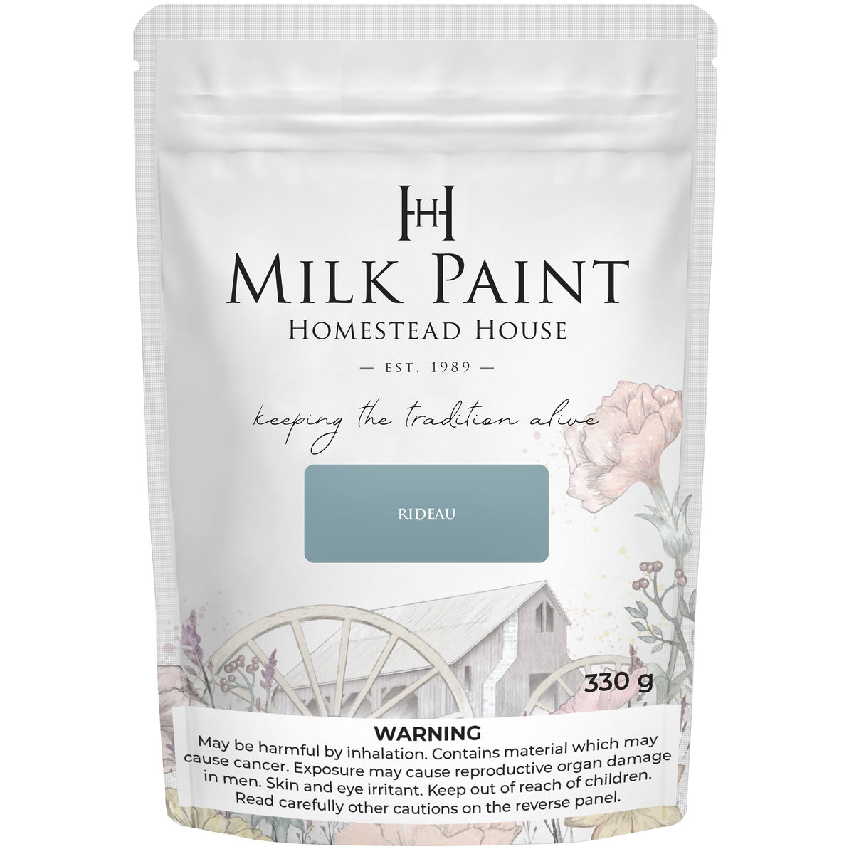 330g Rideau Blue Milk Paint by Homestead House, bag with floral art and illustrated house on label.