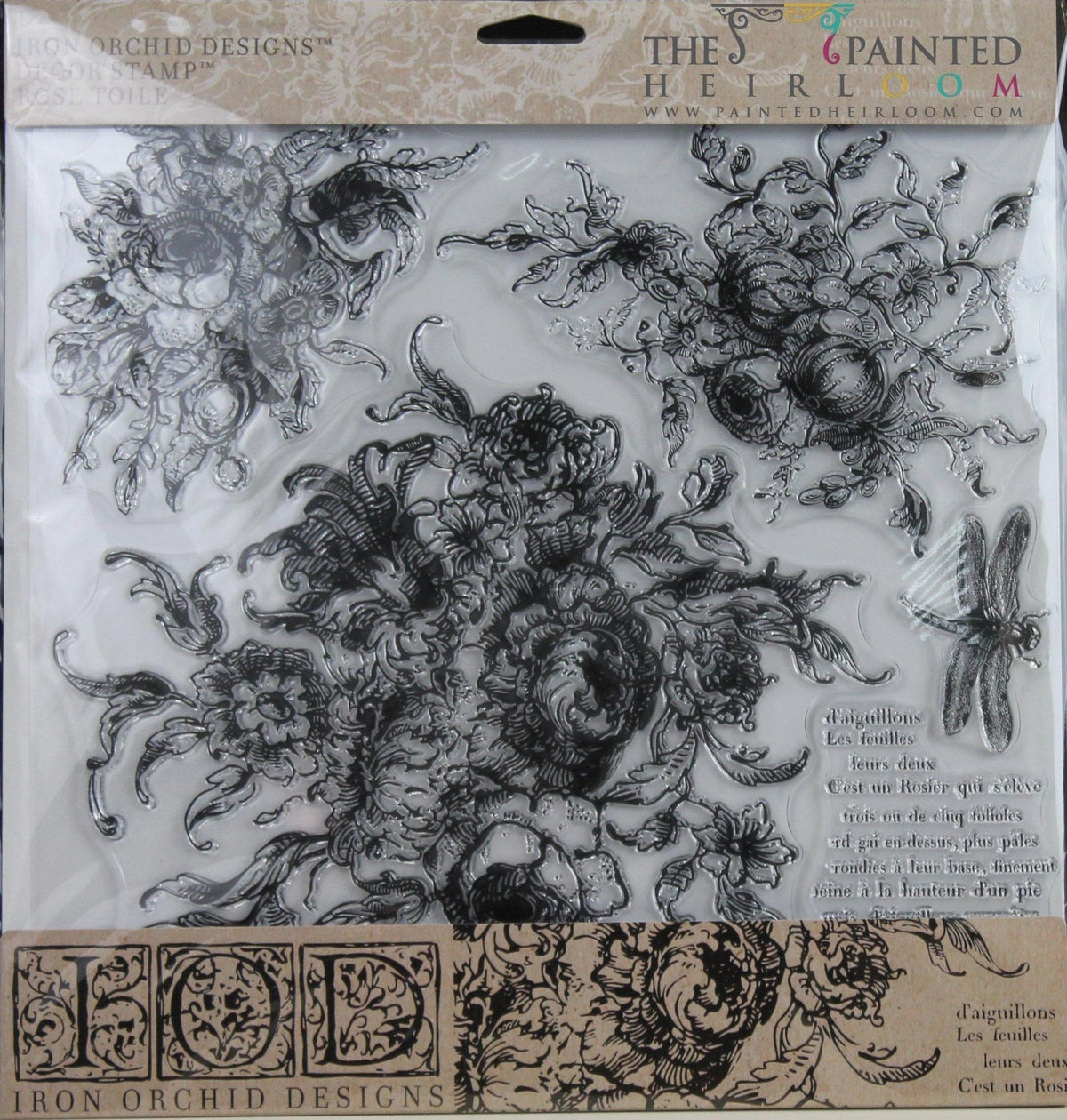 Rose Toile Stamp by IOD with floral, leaf, and insect designs.