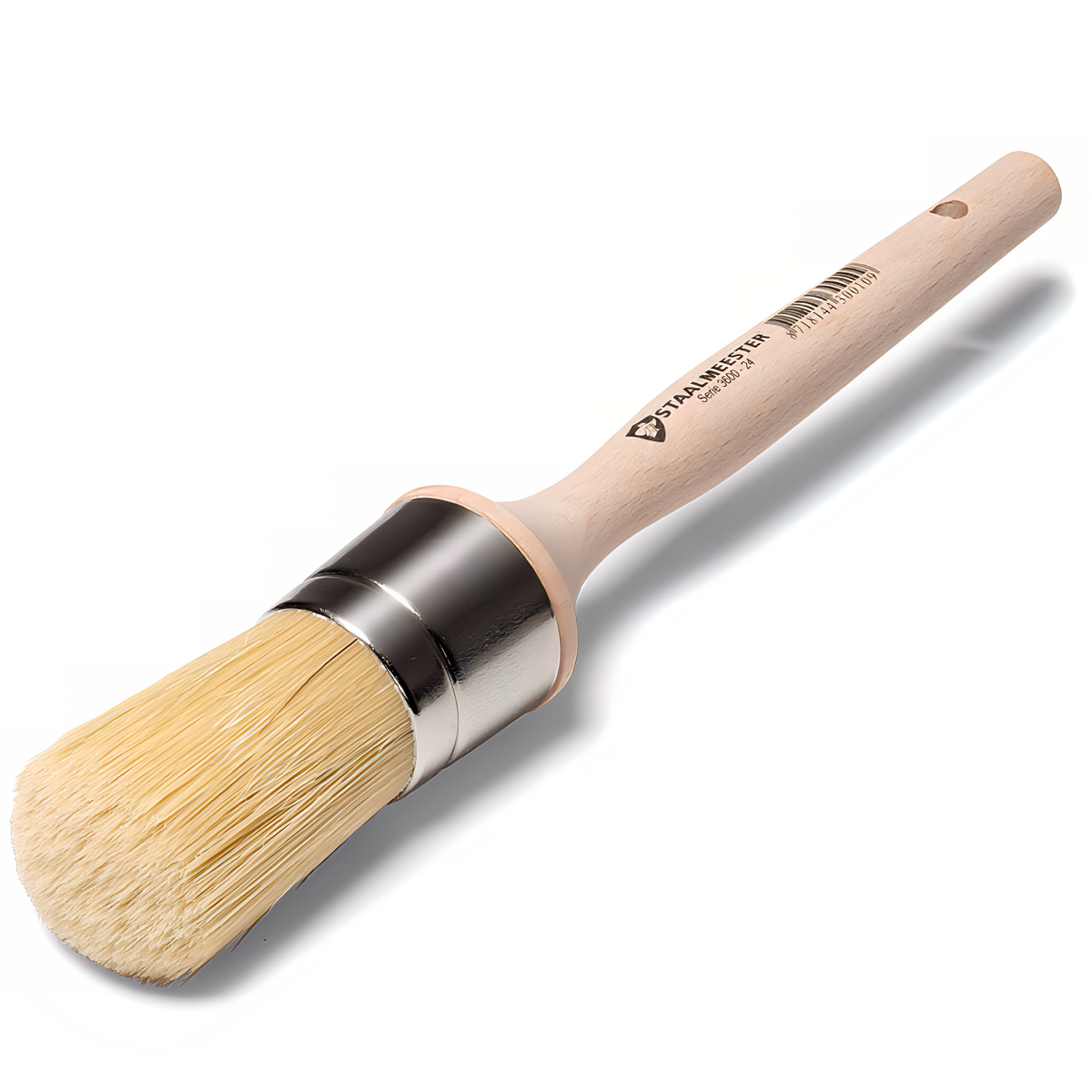 Staalmeester Series 3600 Round Wax Brush with light bristles and wooden handle on white background.