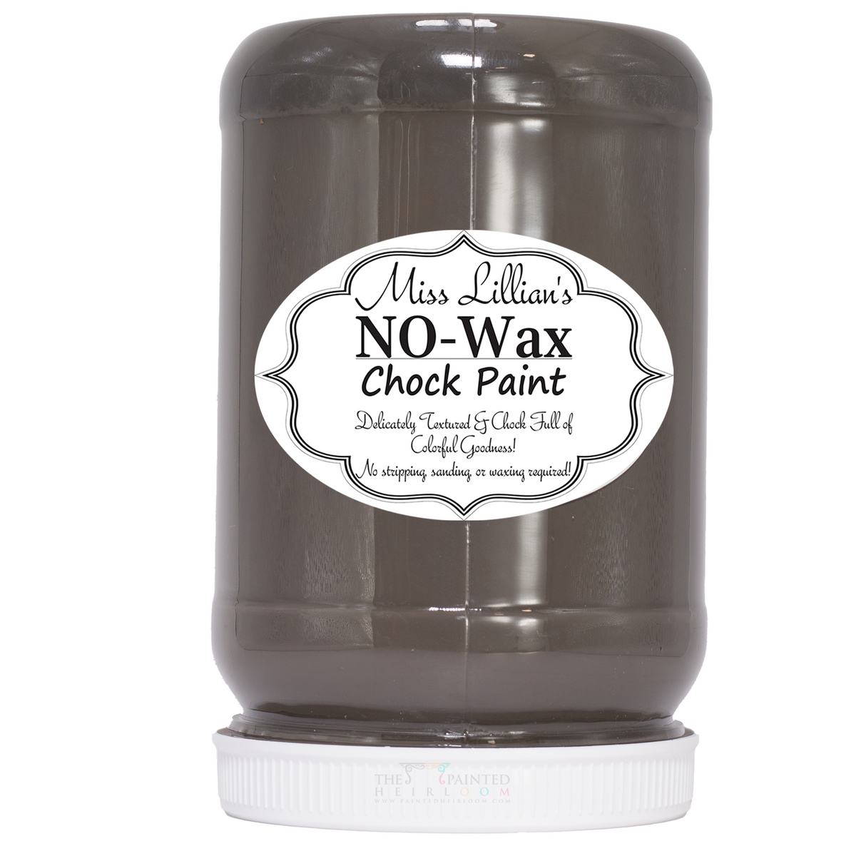 Miss Lillian’s Royal Taupe No-Wax Chock Paint jar upside down, white label with black text visible.