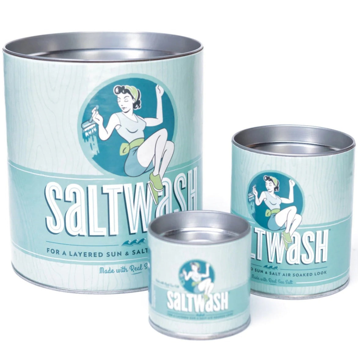 Three cans of Saltwash Paint Additive Powder with retro-style labels, displayed side by side.