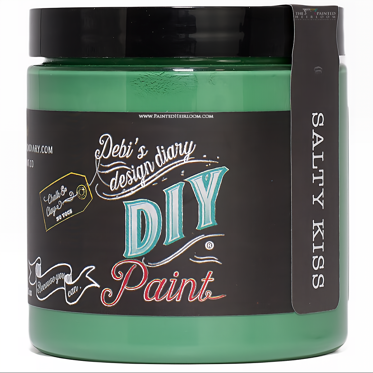 DIY Paint Co. Salty Kiss green paint jar with black label and white text.