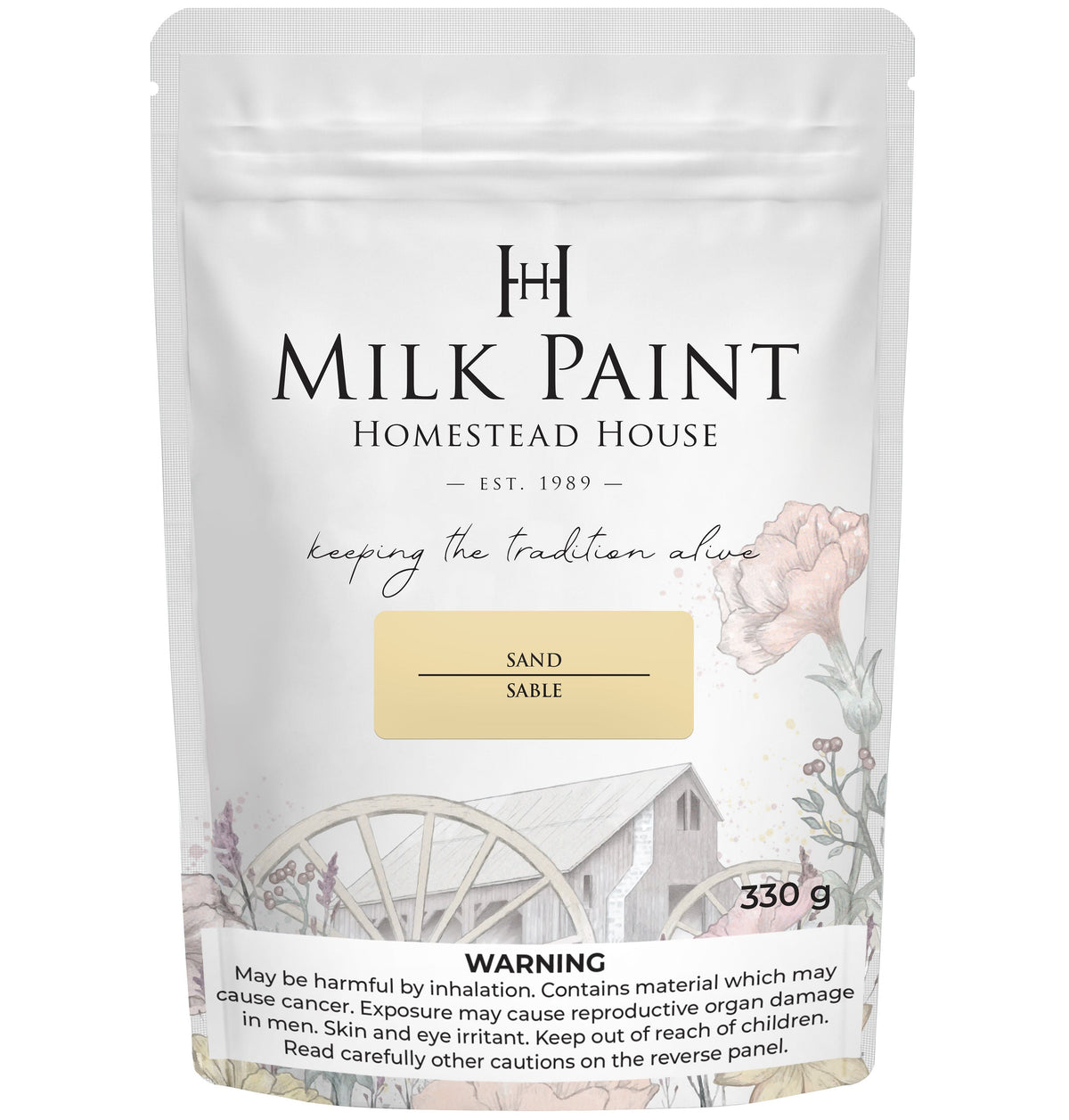 Homestead House Sand Milk Paint 330g bag with barn art and warning label on packaging.