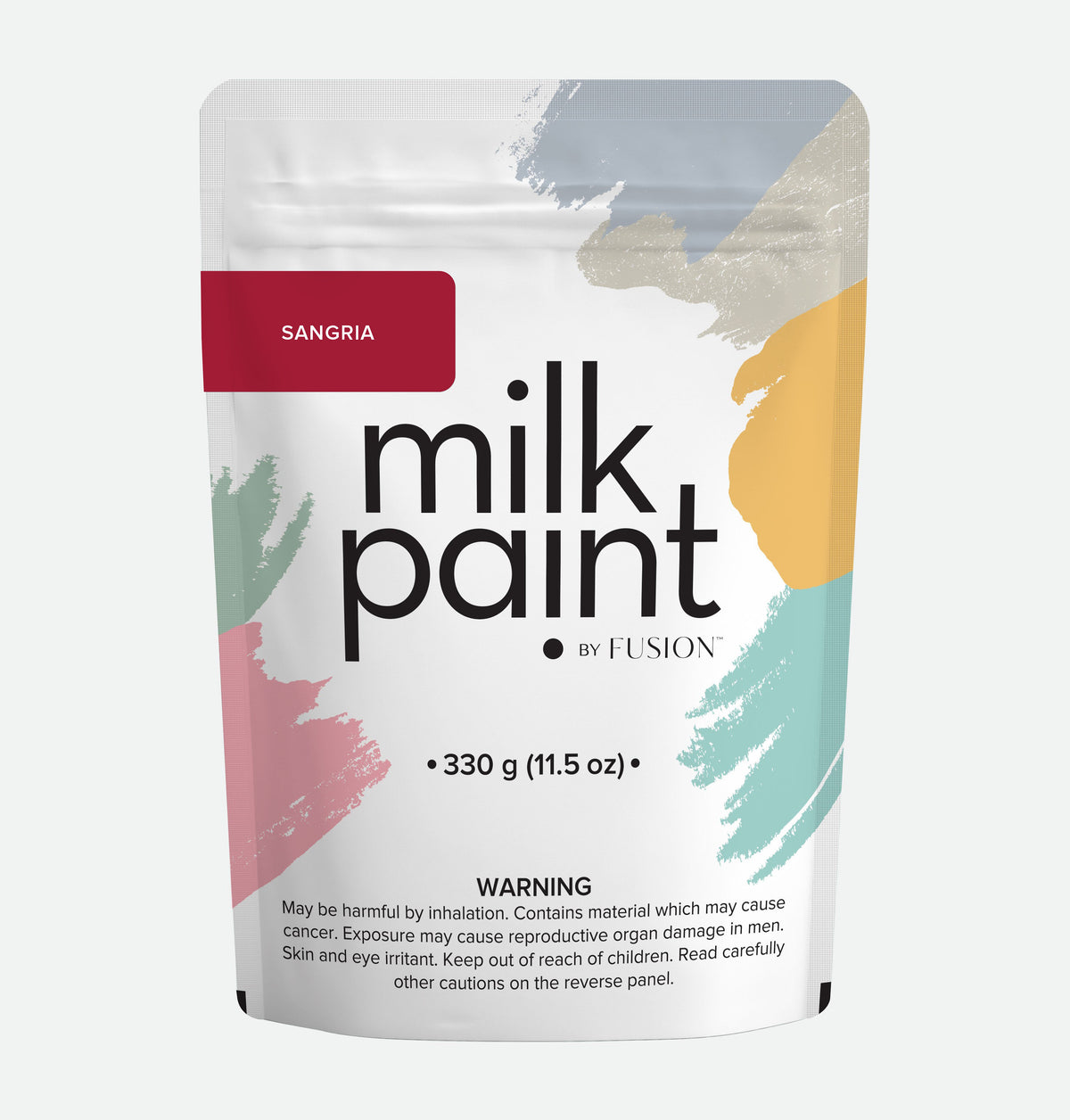 330g Sangria Milk Paint pouch by Fusion Mineral Paint with colorful brushstrokes and visible warning text.