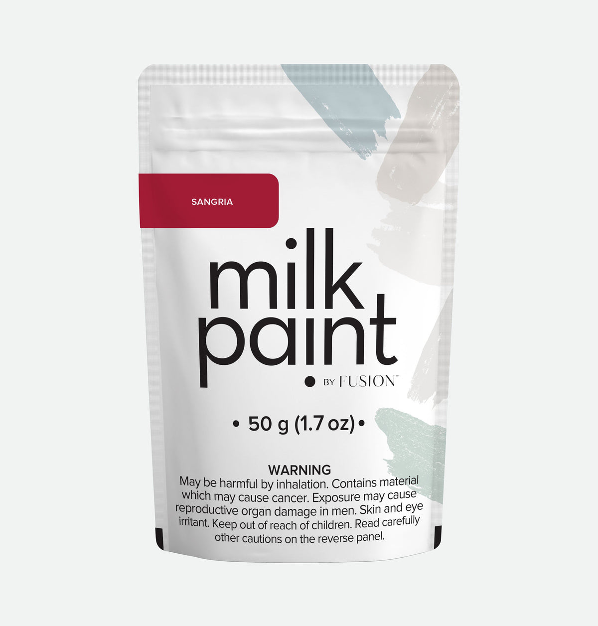 50g Sangria Milk Paint pouch by Fusion Mineral Paint with cancer warning and abstract strokes on packaging.