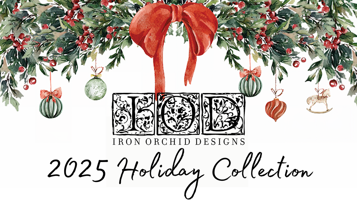 Santa’s Hollow Transfer (2025) by IOD with festive greenery, ornaments, red bow, and decorative script.