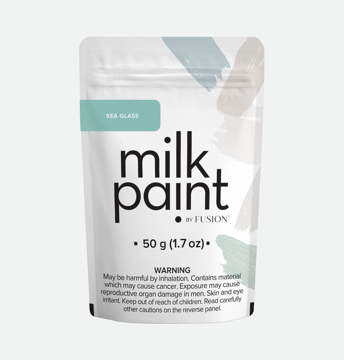 White 50g pouch of Fusion Mineral Paint Sea Glass with inhalation hazard warning label.