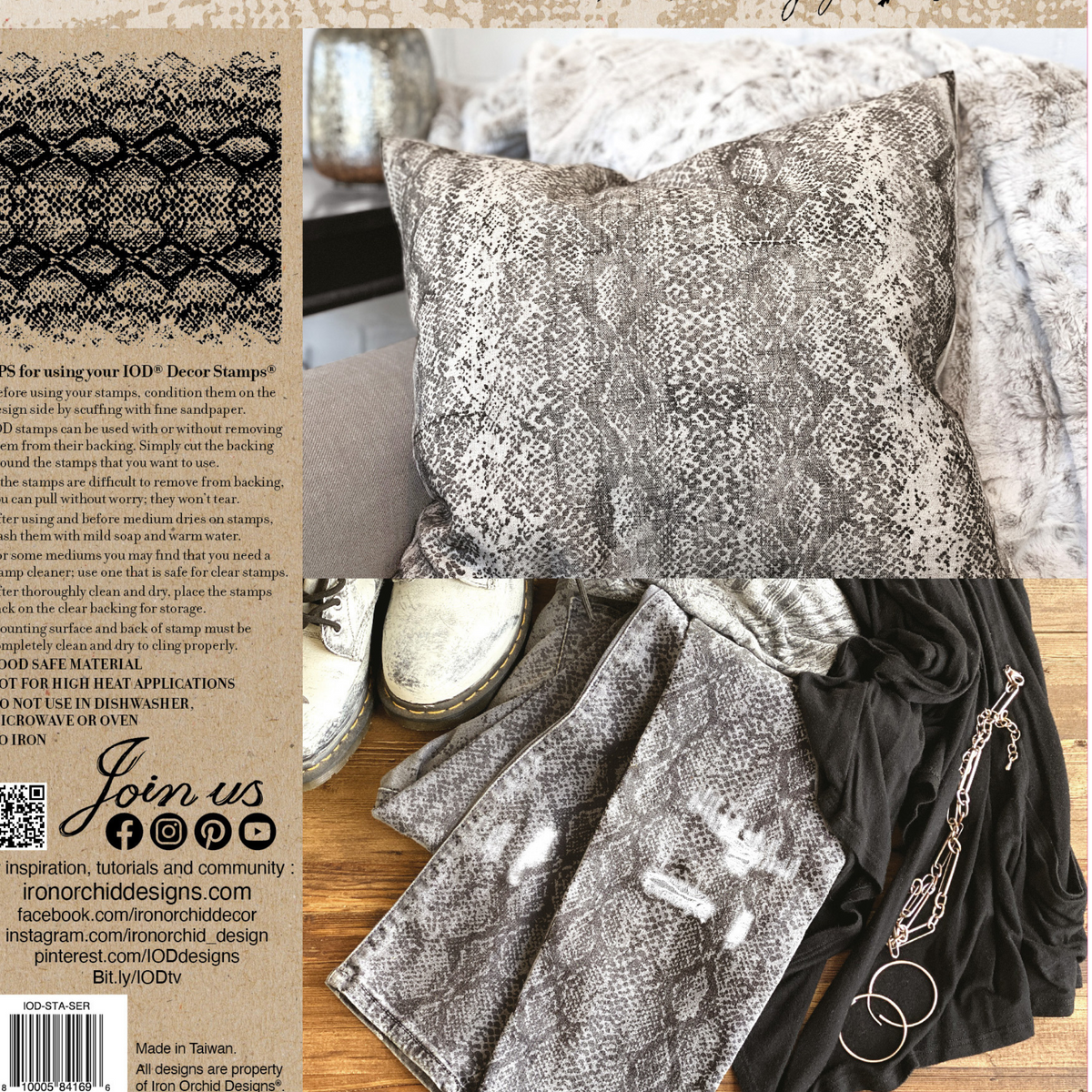 Serpentine Stamp (Retired) by I.O.D. for creating a snakeskin pattern on textiles and accessories.