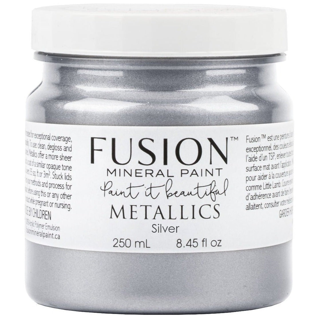 Fusion Mineral Paint Silver Metallic, 250 mL jar with label showing product details.