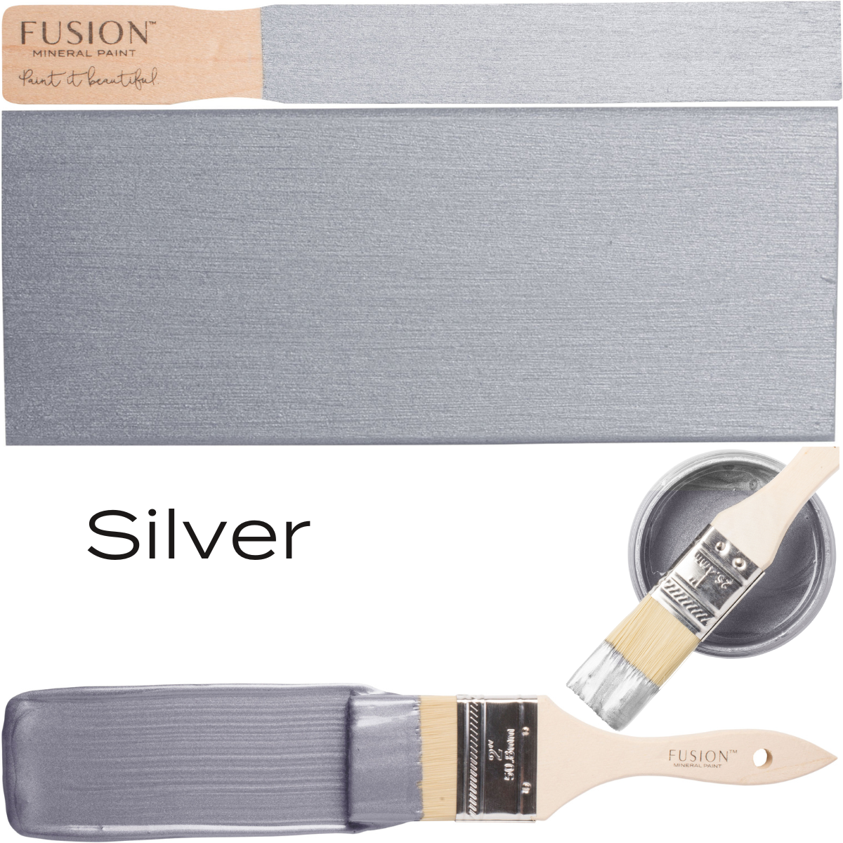 Brush dipped in Silver Metallic Fusion Mineral Paint with swatch and open can labeled “Silver” visible.