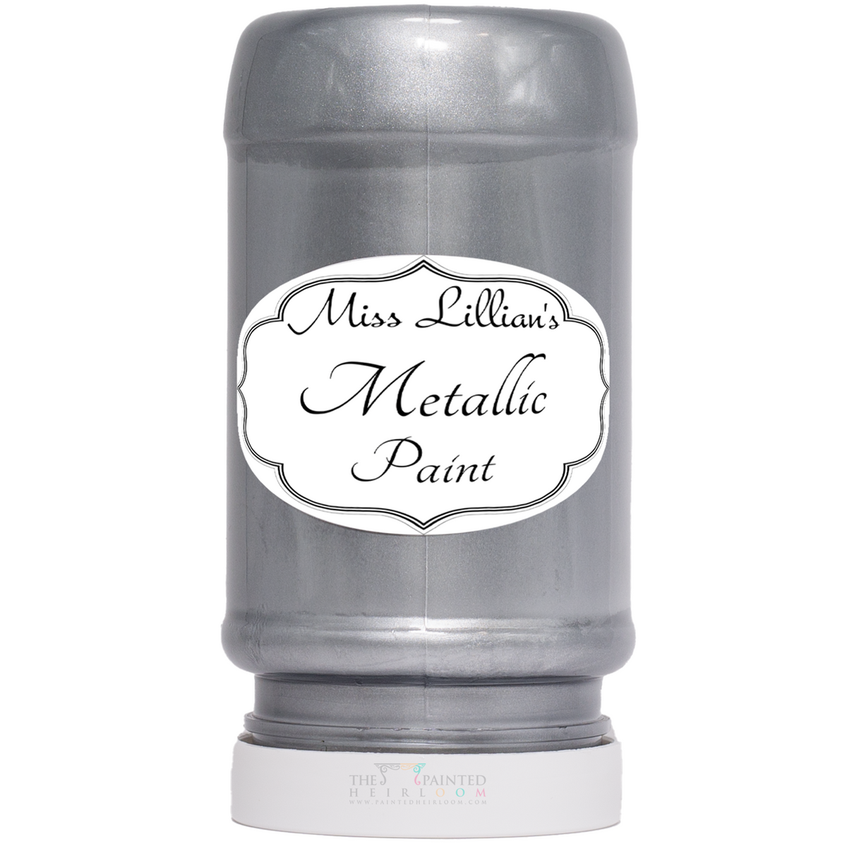 Miss Lillian’s Paint Silver Metallic Paint bottle upright, labeled for acrylic furniture restoration projects.