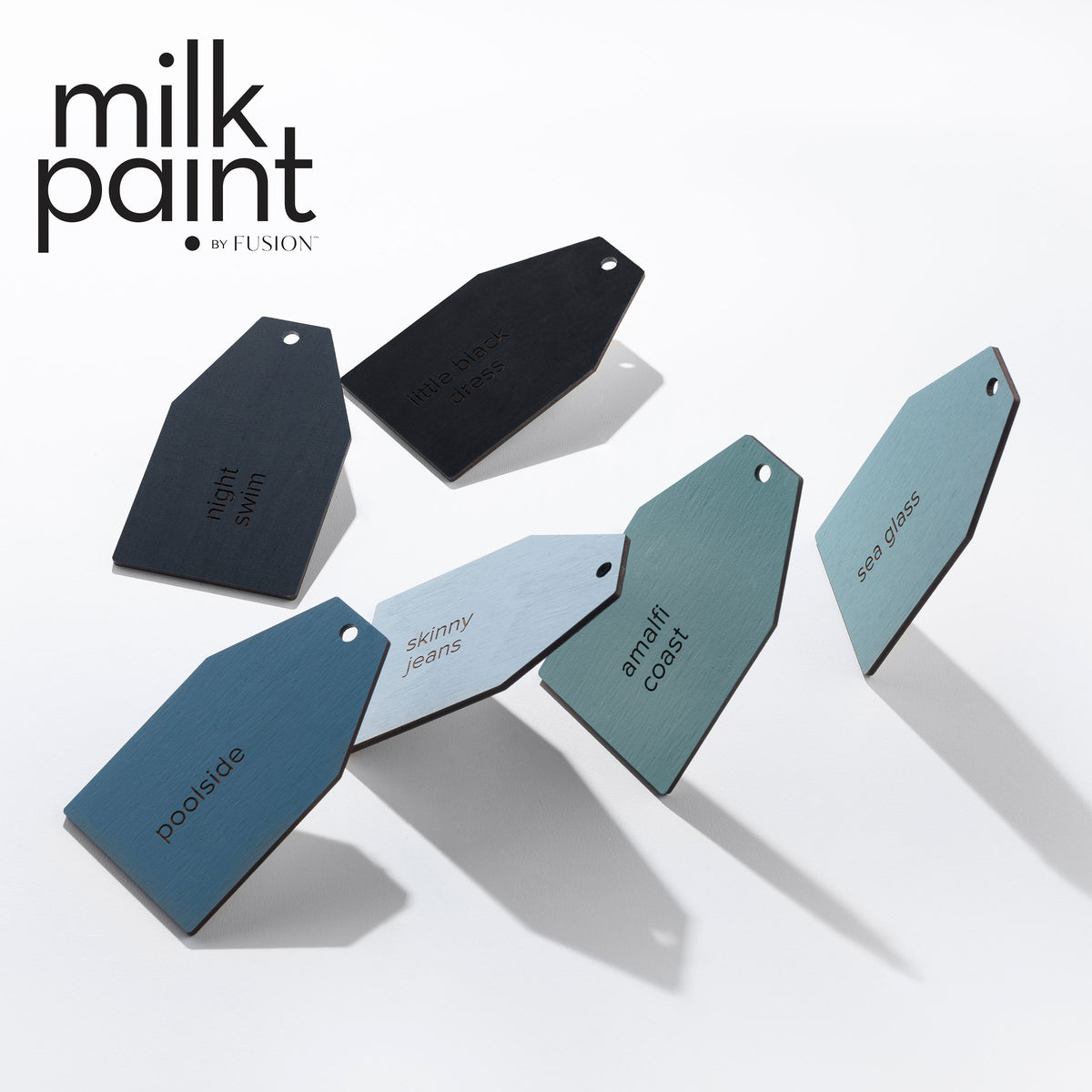 Six Fusion Mineral Paint tags in blue shades: Night Swim, Poolside, Skinny Jeans, Blue Pine, Amalfi Coast, Sea Glass.