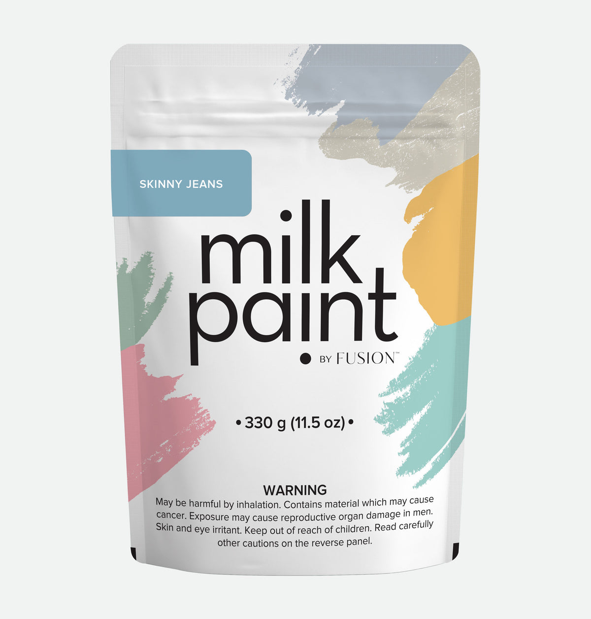Skinny Jeans Paint by Fusion Mineral Paint in a pouch with colorful brush strokes and safety warning at the bottom.