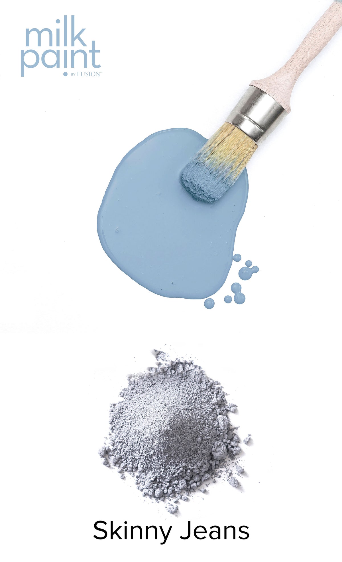Brush in Skinny Jeans Paint by Fusion Mineral Paint, blue powder beneath, “milk paint” text at top.