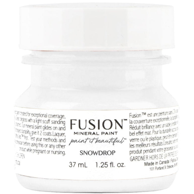 37 mL jar of Snowdrop Fusion Mineral Paint, neutral white, with white lid and detailed Fusion label.