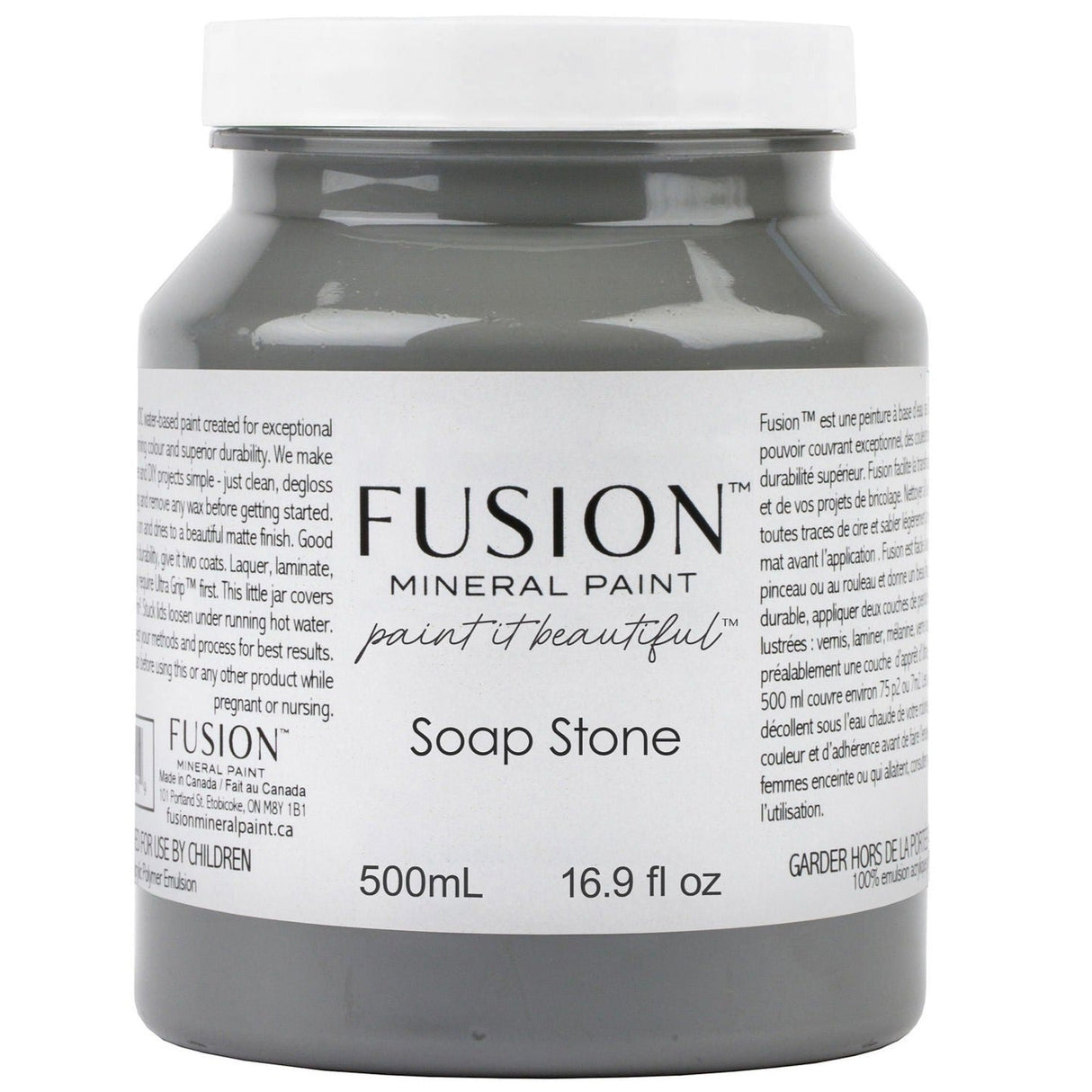 500mL Fusion Mineral Paint Soap Stone, deep gray matte finish, labeled with product details and instructions.