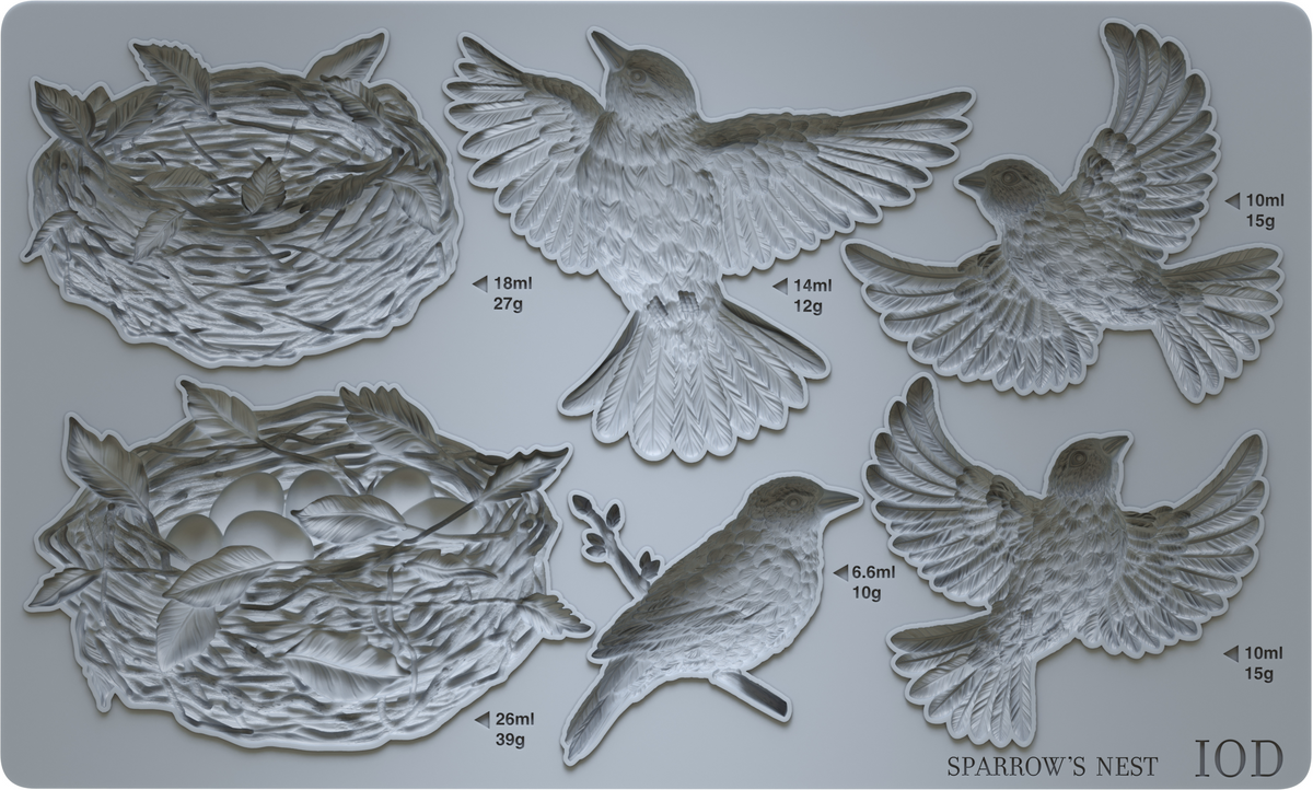 IOD Sparrow’s Nest Mould with nest, eggs, and 5 sparrows; designed for use with IOD Air Dry Clay. Brand: I.O.D.