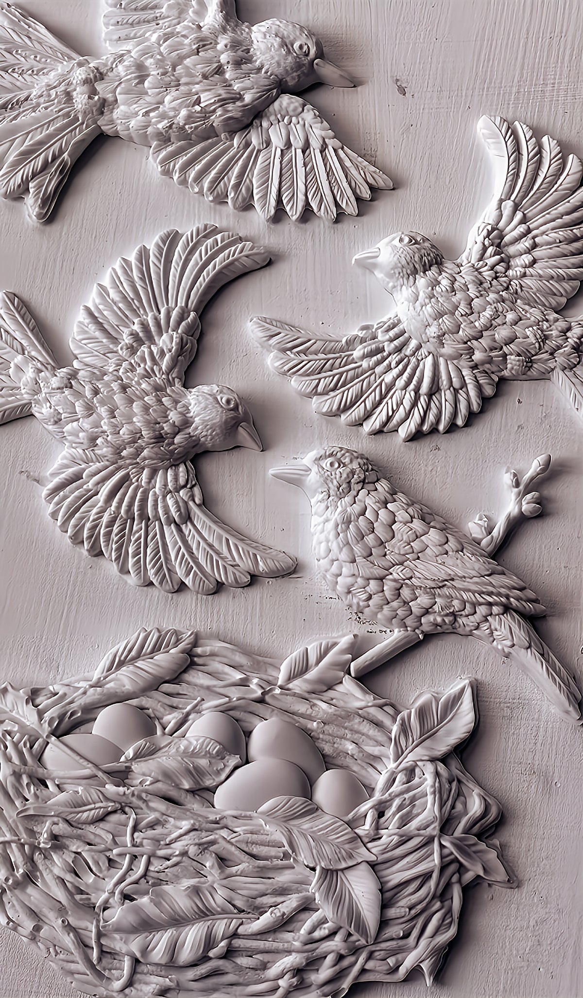 Four bird sculptures and a nest with eggs made using I.O.D. Sparrow’s Nest Mould and Air Dry Clay by Iron Orchid Designs.