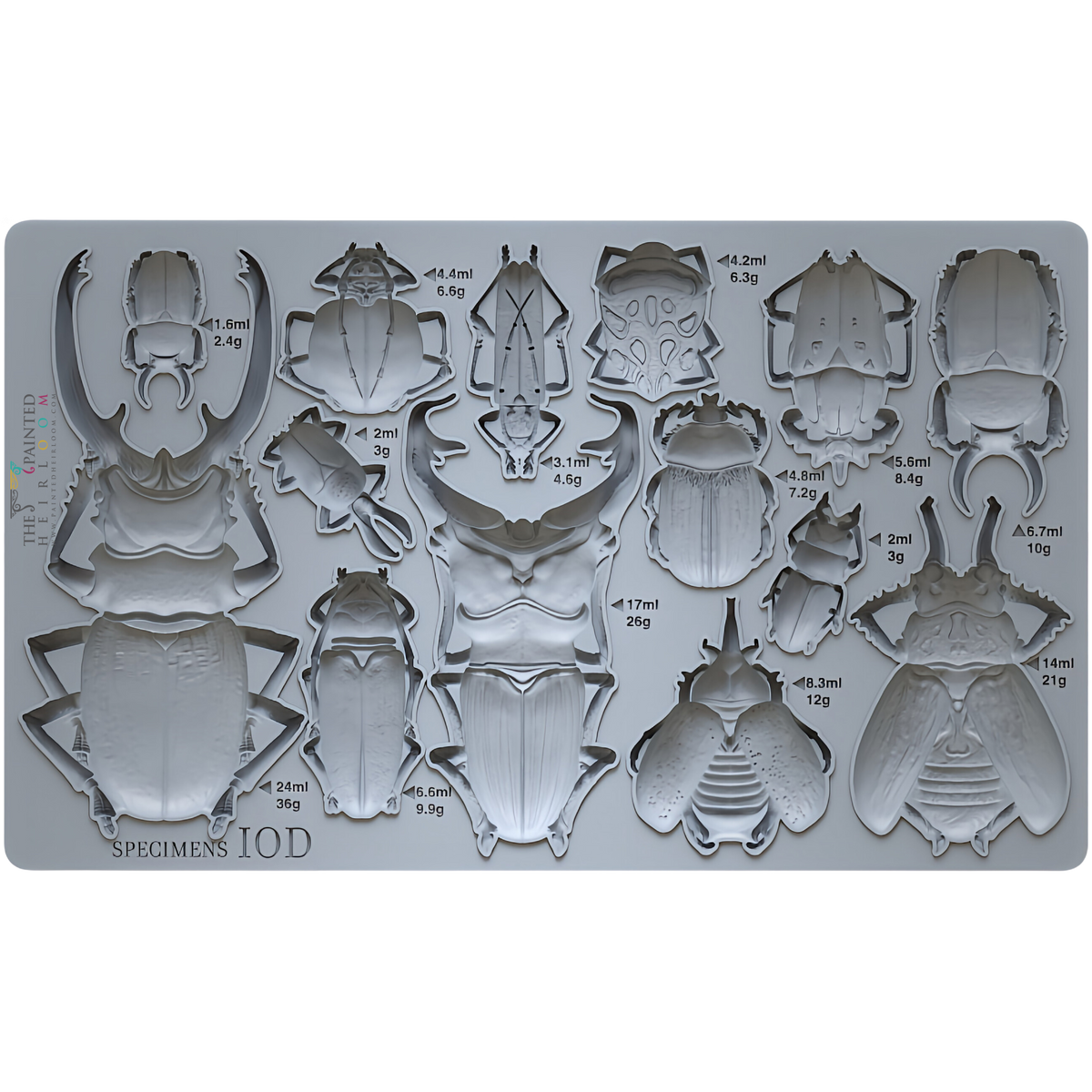 I.O.D. Specimens Mould silicone tray with beetle shapes, labeled by size and weight, by Iron Orchid Designs.