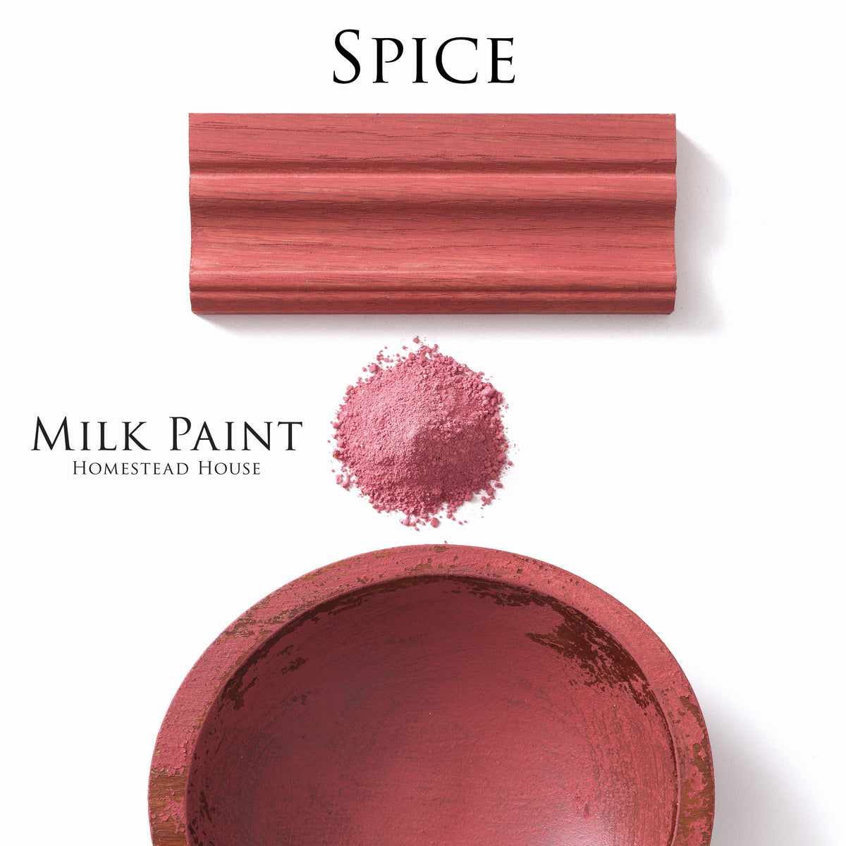 Spice Milk Paint by Homestead House with red wooden trim, red powder, and a red bowl displayed together.