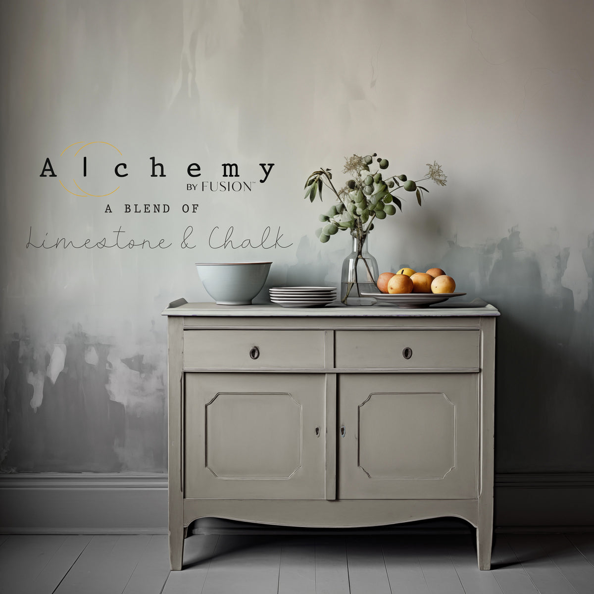 Gray sideboard with decor, featuring text about limestone and Spruce Alchemy Paint by Fusion Mineral Paint.