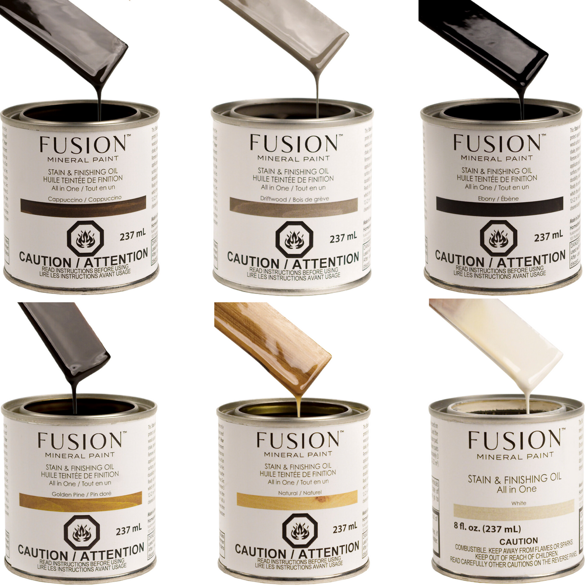 Six cans of Fusion Mineral Paint Stain & Finishing Oil - All In One, pour-over style, for wood finishing.